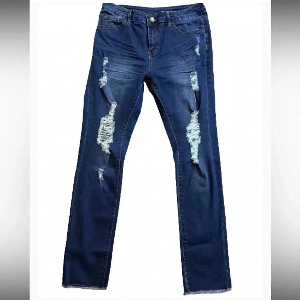 WEAR JEANS Deep Blue Distressed‎ denim frayed bottom classic Straight cut jeans
